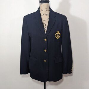 Lauren Ralph Lauren Womens Button Logo Patch Blue Wool Blazer Made In USA 8P